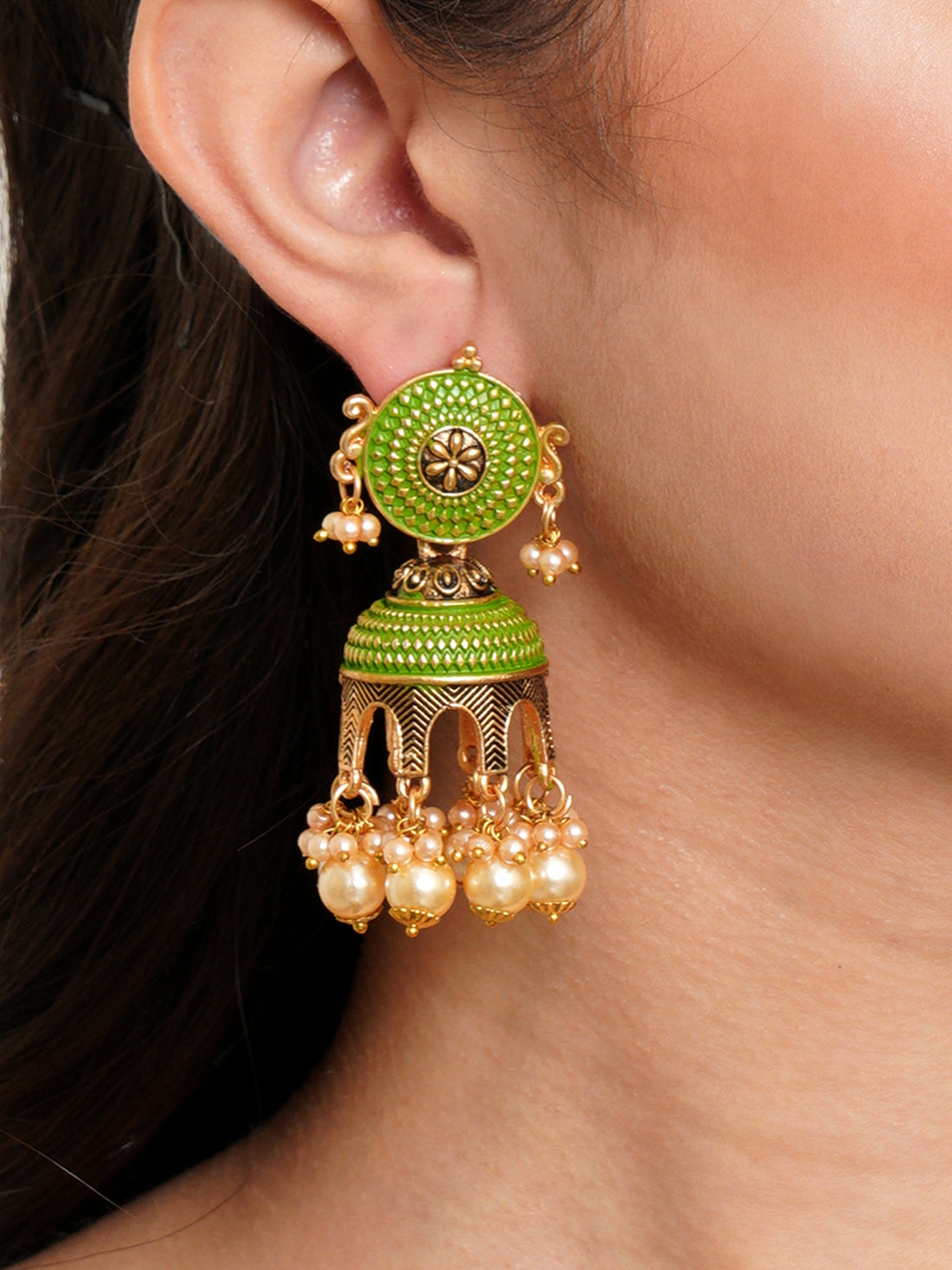 Karatcart Antique Gold Plated Light Green Tomb Style with Golden Pearl Jhumki Earrings for Women