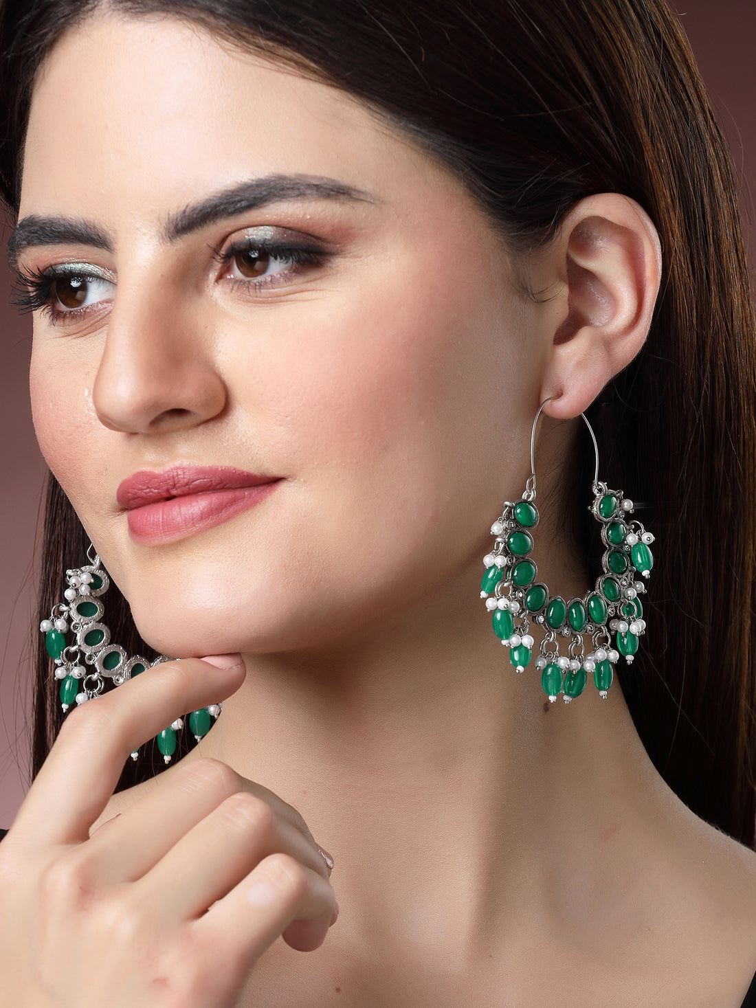 Karatcart Oxidised Silver Green Stone Kundan Hoop Earrings for Women