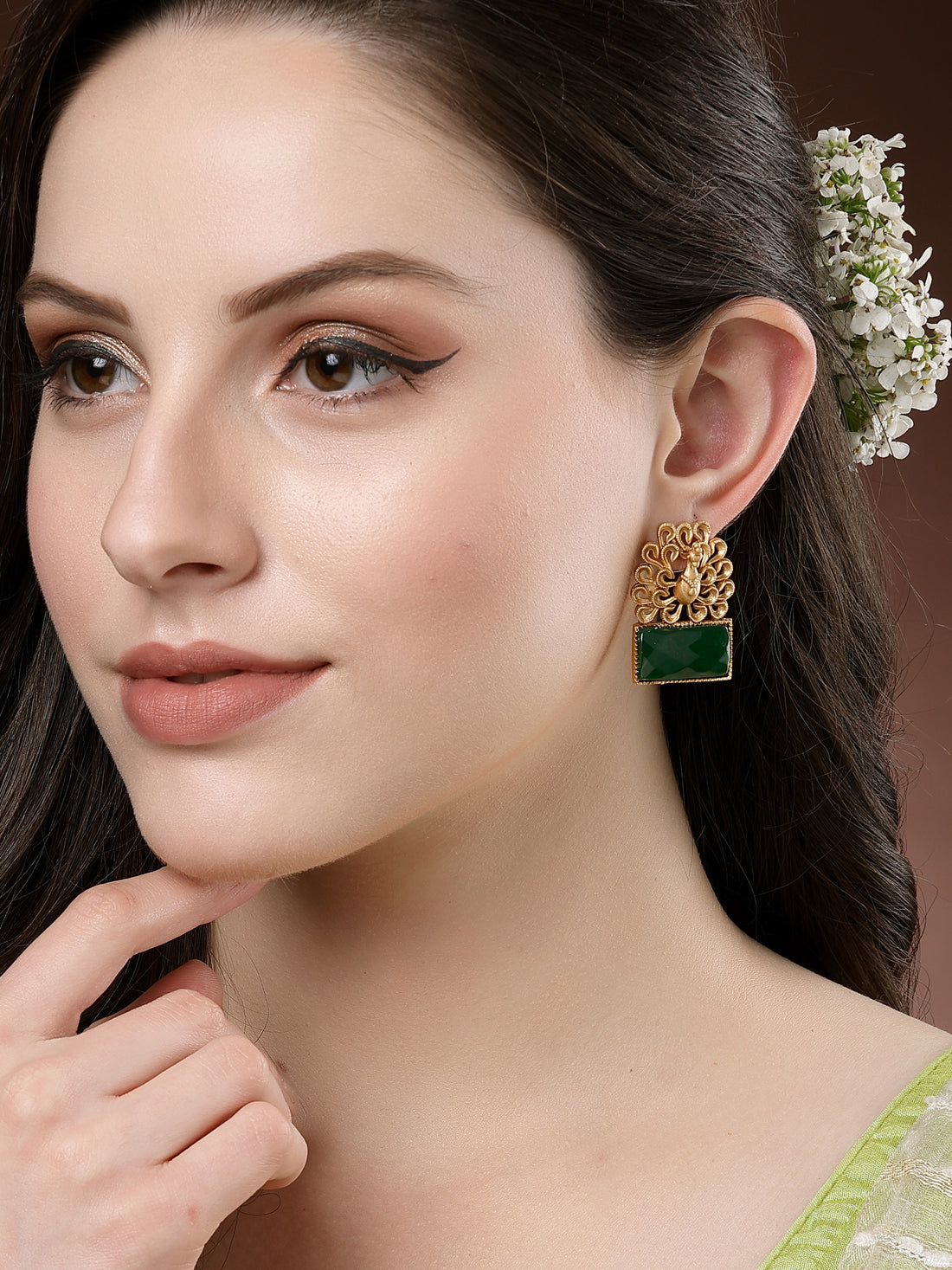 Karatcart Peacock Design Gold Plated Green Stone Stud Earrings for Women