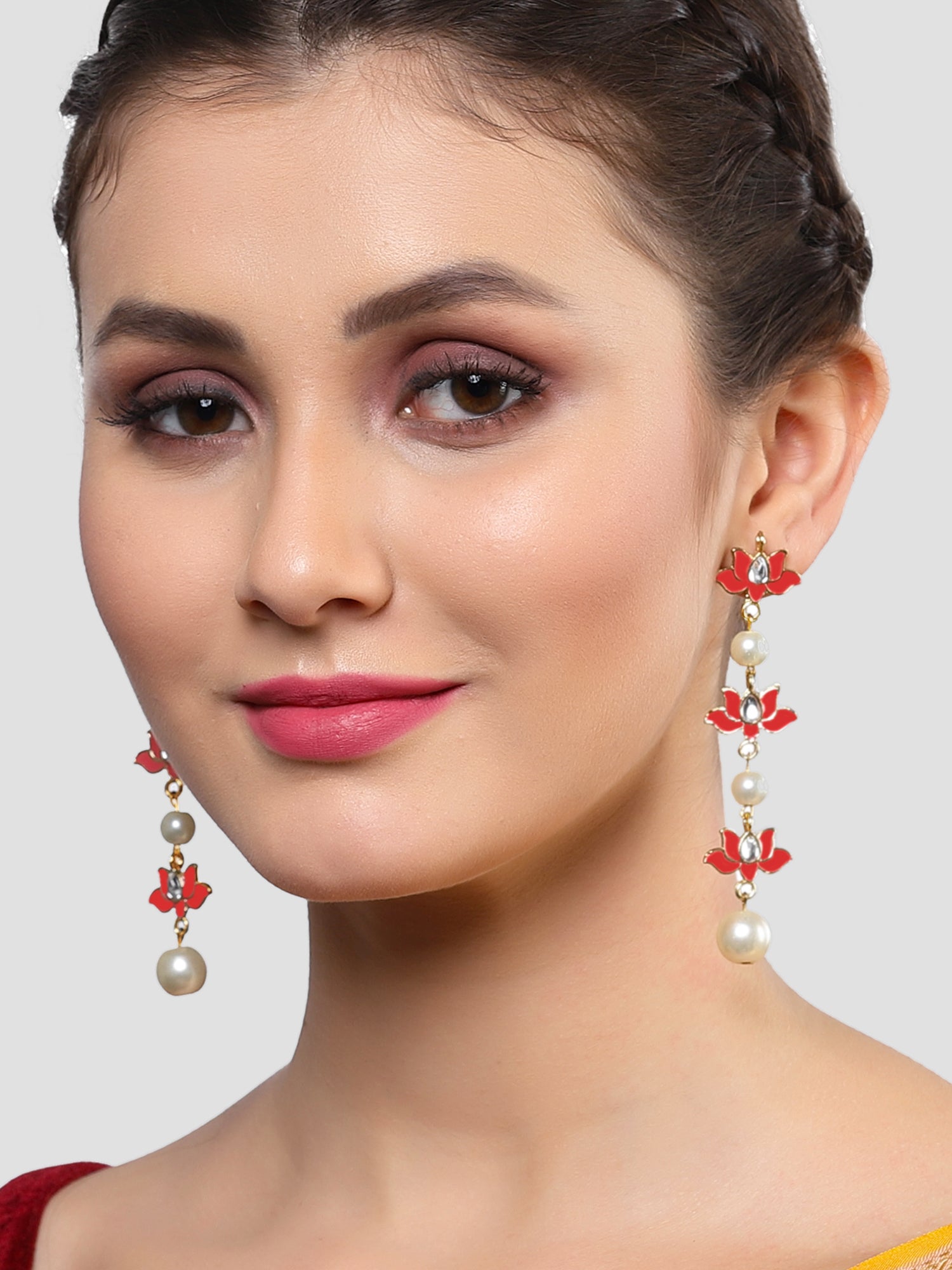 Karatcart Gold Plated Red Meena and Pearl Kundan Drop Earrings for Women - Image 1