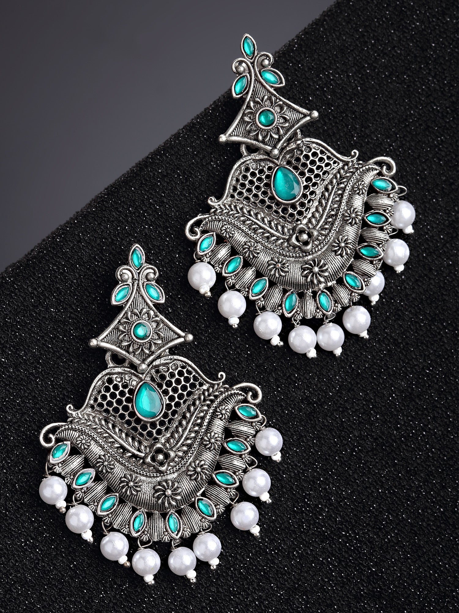 Karatcart Antique Silver Plated Green Monalisa Stone Studded Dangler Earrings for Women - view 3