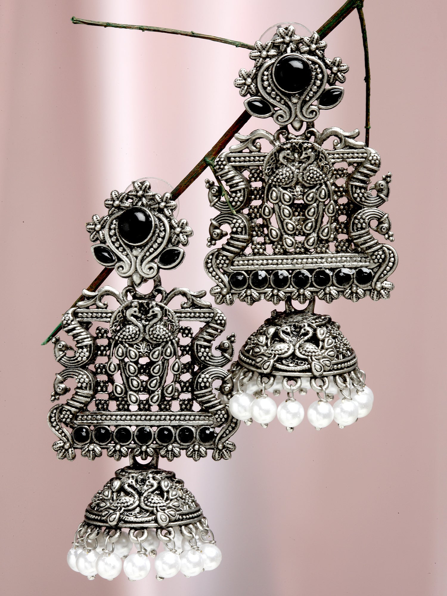 Karatcart Oxidised Silver Peacock Black Stone Studded Dangler Jhumki Earrings for Women - view 3