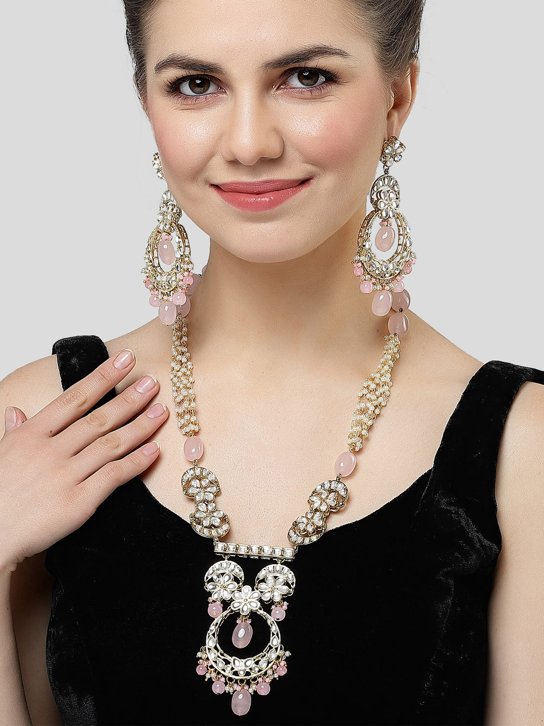 Karatcart Gold Plated Pink Tuble Kundan Rani Haar Necklace Set for Women