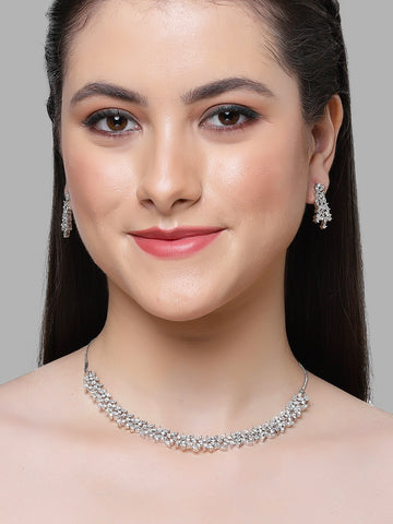 Karatcart Silver Plated White Cubic Zirconia Studded Necklace Set for Women