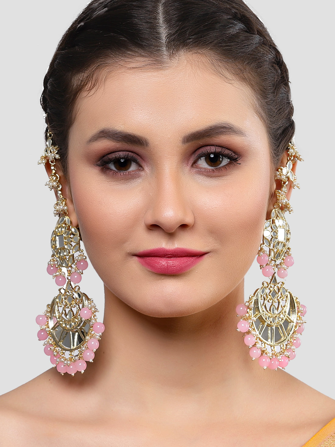 Karatcart Gold Plated Pink Beads Mirror Studded Kaanchain Earrings for Women