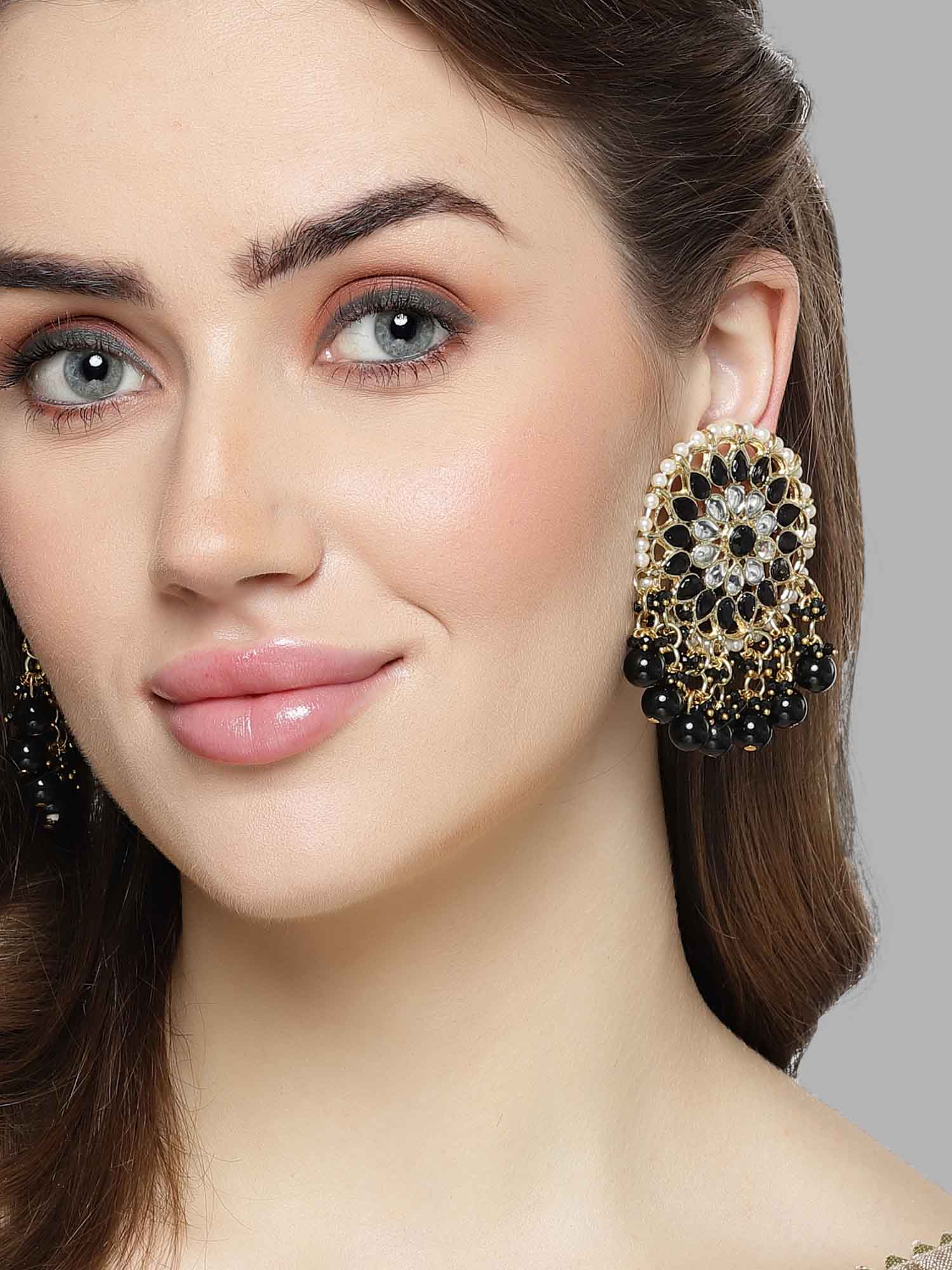 Karatcart Gold Plated Black Beads Kundan Dangler Earrings for Women - view 2