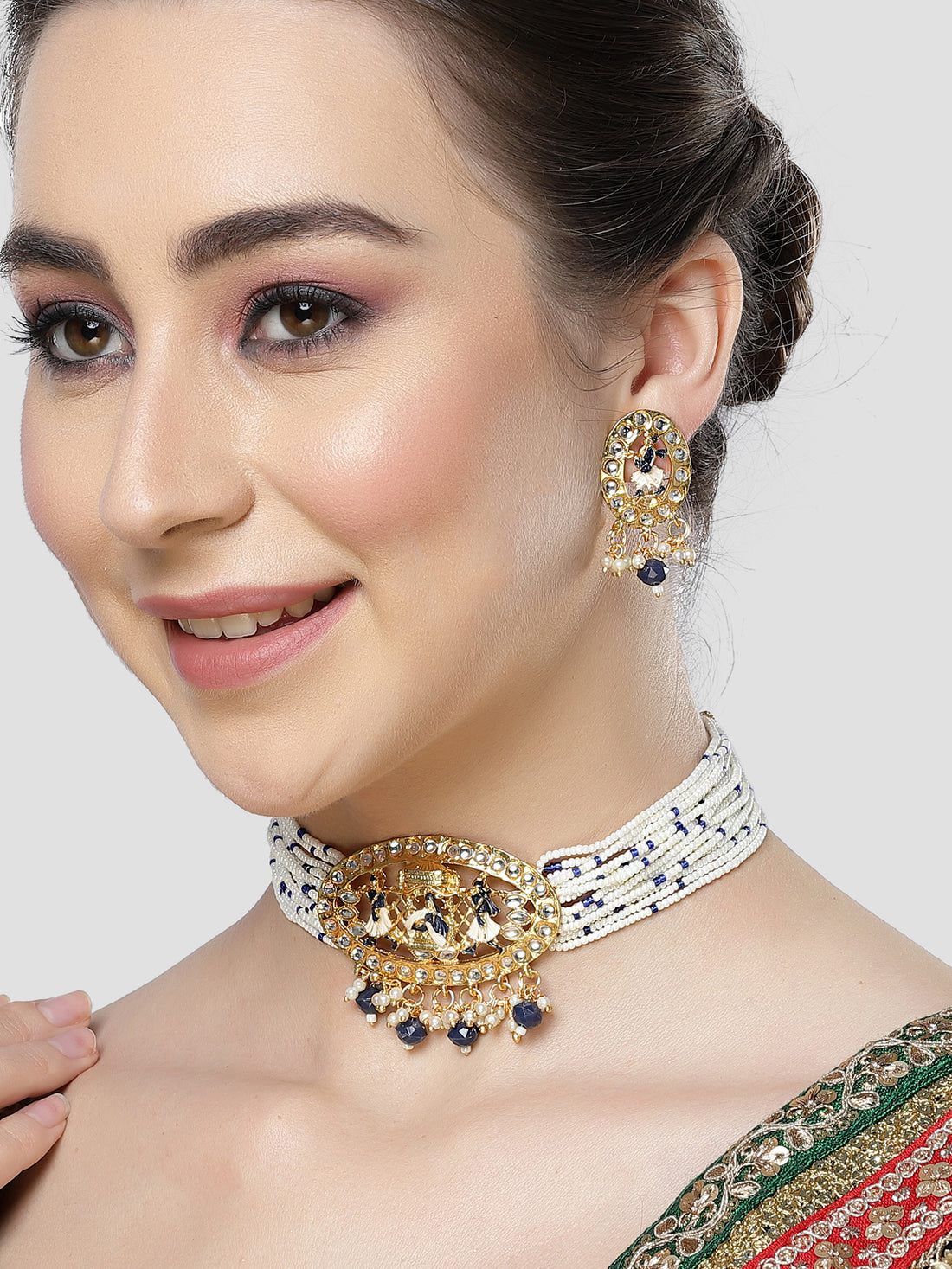 Karatcart Gold Plated Blue Dulhan Doli Design Choker Necklace Set for Women