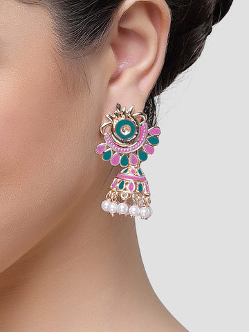 Karatcart Rose Gold Plated Pink and Blue Meena Jhumki Earrings for Women