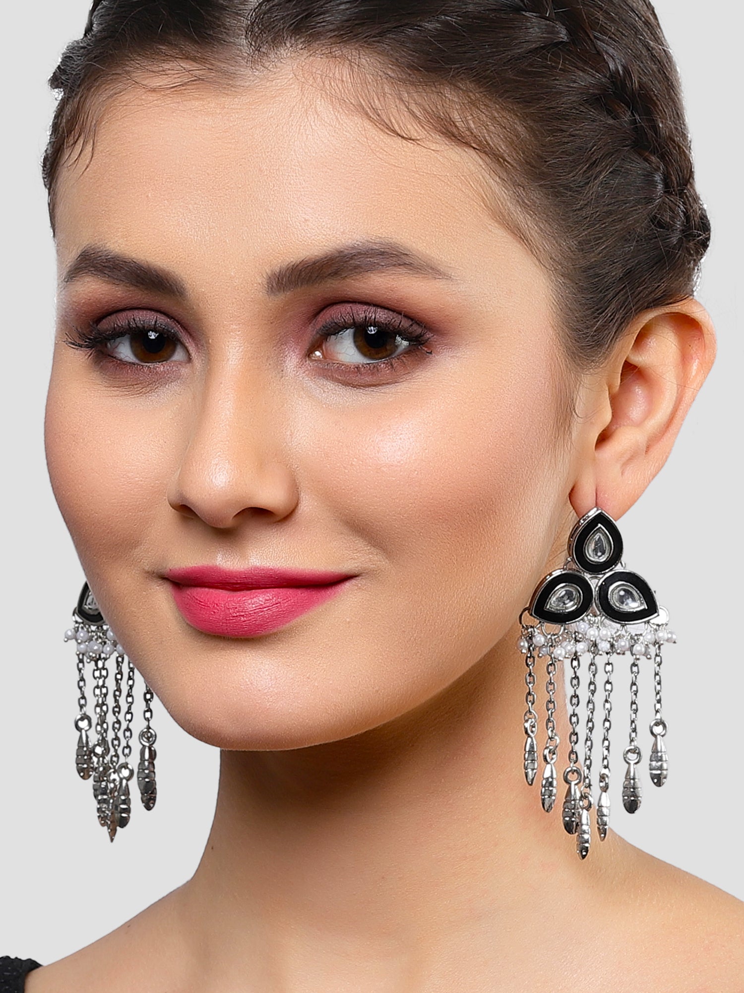 Karatcart Oxidised Silver Black Meena Kundan Dangler Earrings for Women - Image 1