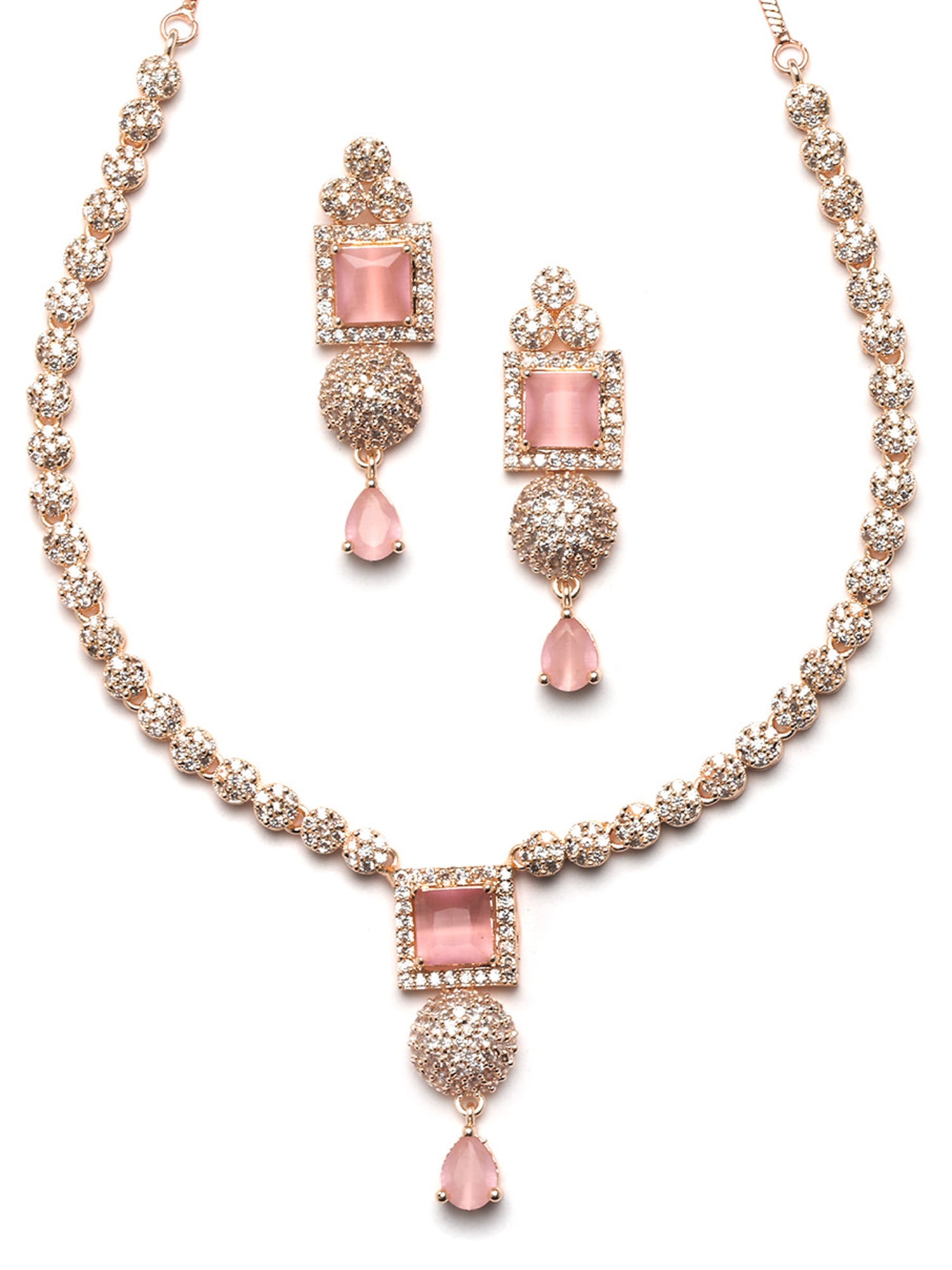 Karatcart Pink American Diamond Studded Rose Gold Plated Necklace Set for Women - view 4