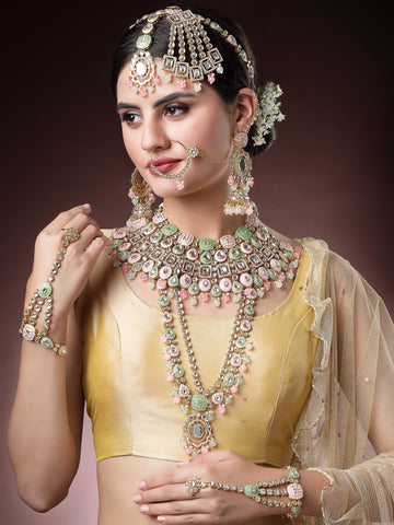 Karatcart Gold Plated Lime Green and Pink Enamel Traditional Kundan Dulhan Bridal Jewellery Set