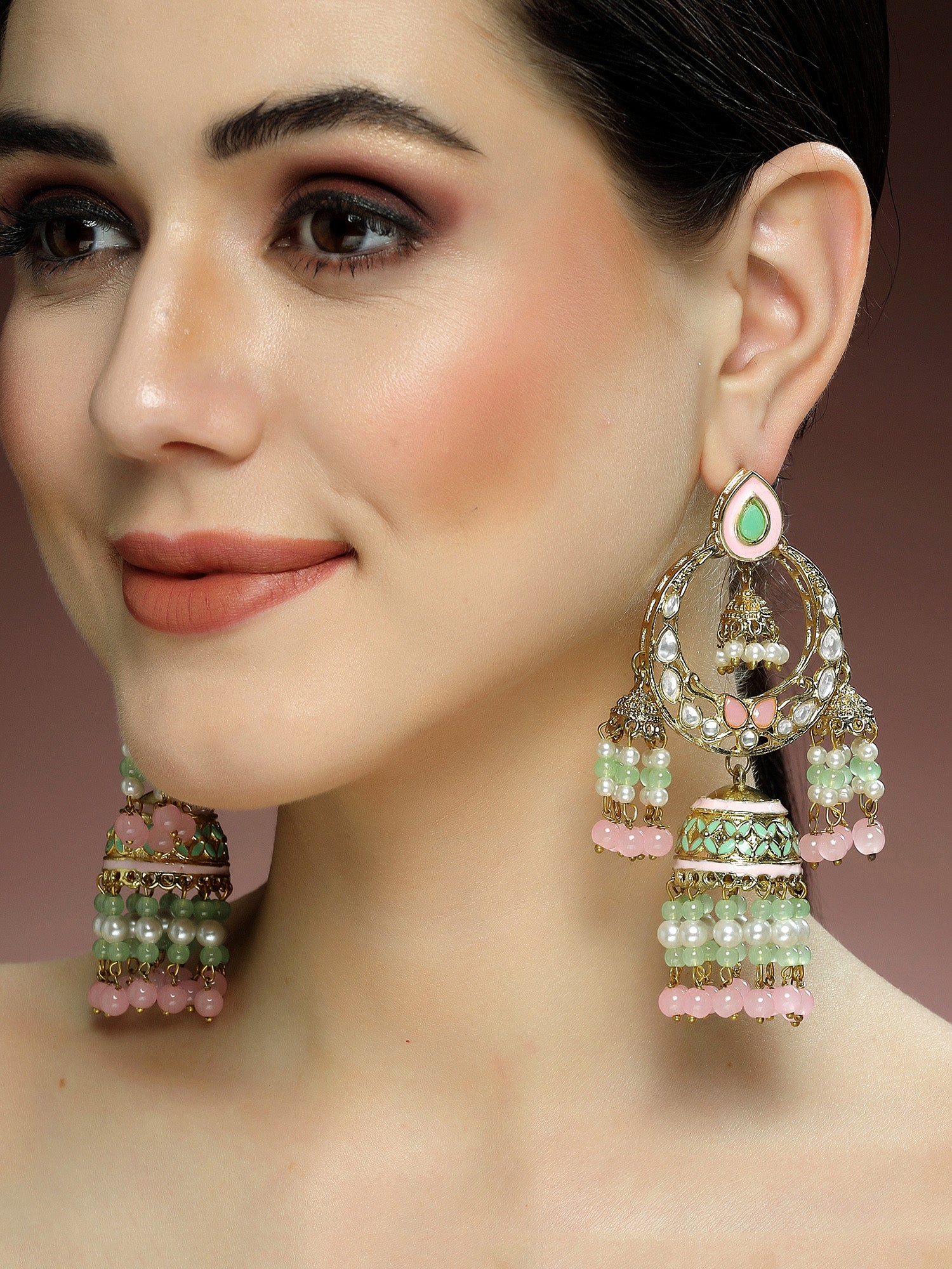 Karatcart Gold Plated Pink and Lime Green Beads Kundan Dangler Jhumki Earrings for Women - view 2