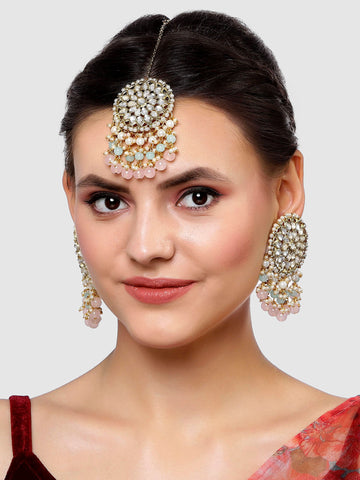 Karatcart Gold Plated Pink Bead and Pearl Kundan Earrings and Maangtikka Combo Set for Women