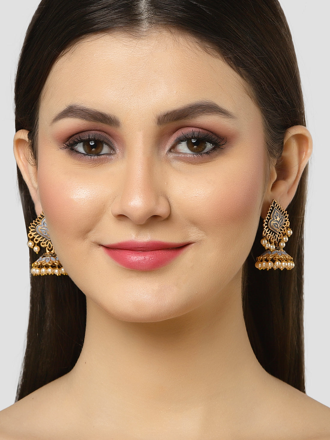 Karatcart Gold Plated Grey Meena Jhumki Earrings for Women