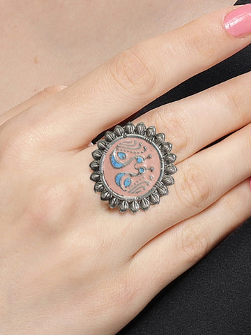 Karatcart Oxidised Silver Peacock Design Blue and Pink Meena Finger Ring for Women