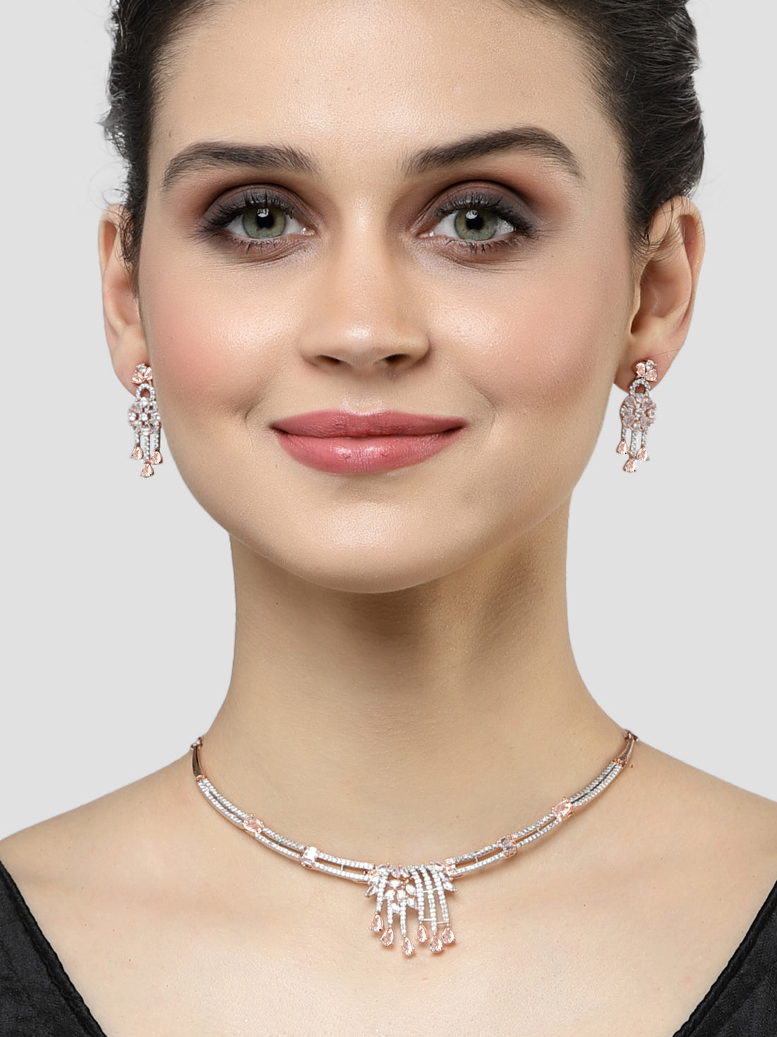 Karatcart Rose Gold Plated White Cubic Zirconia Studded Necklace Set