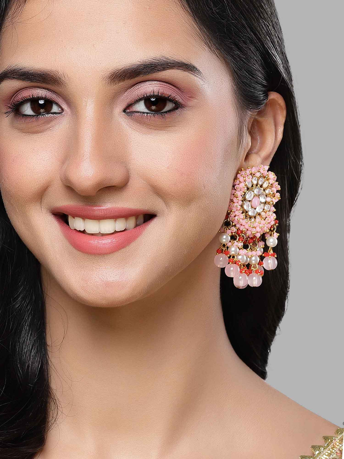 Karatcart Gold-Plated Pink and Red Crystal Studded Kundan Drop Earrings for Women