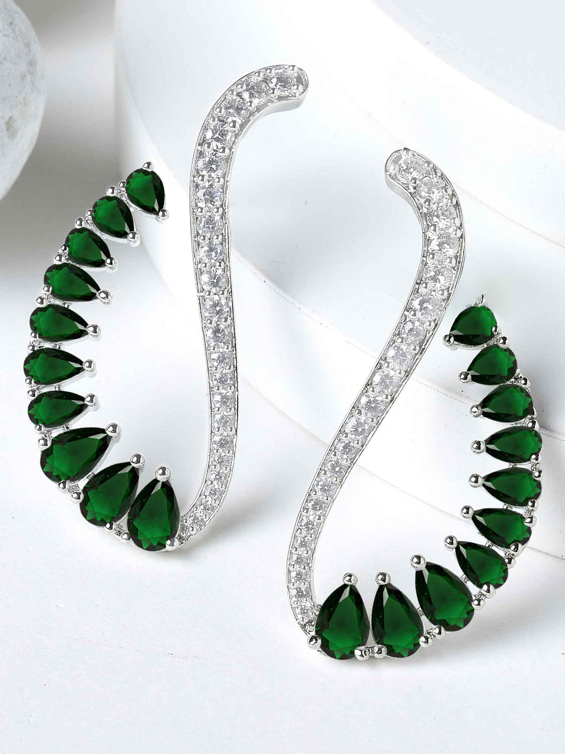 Karatcart Silver Plated Green Cubic Zirconia Studde Drop Earrings for Women