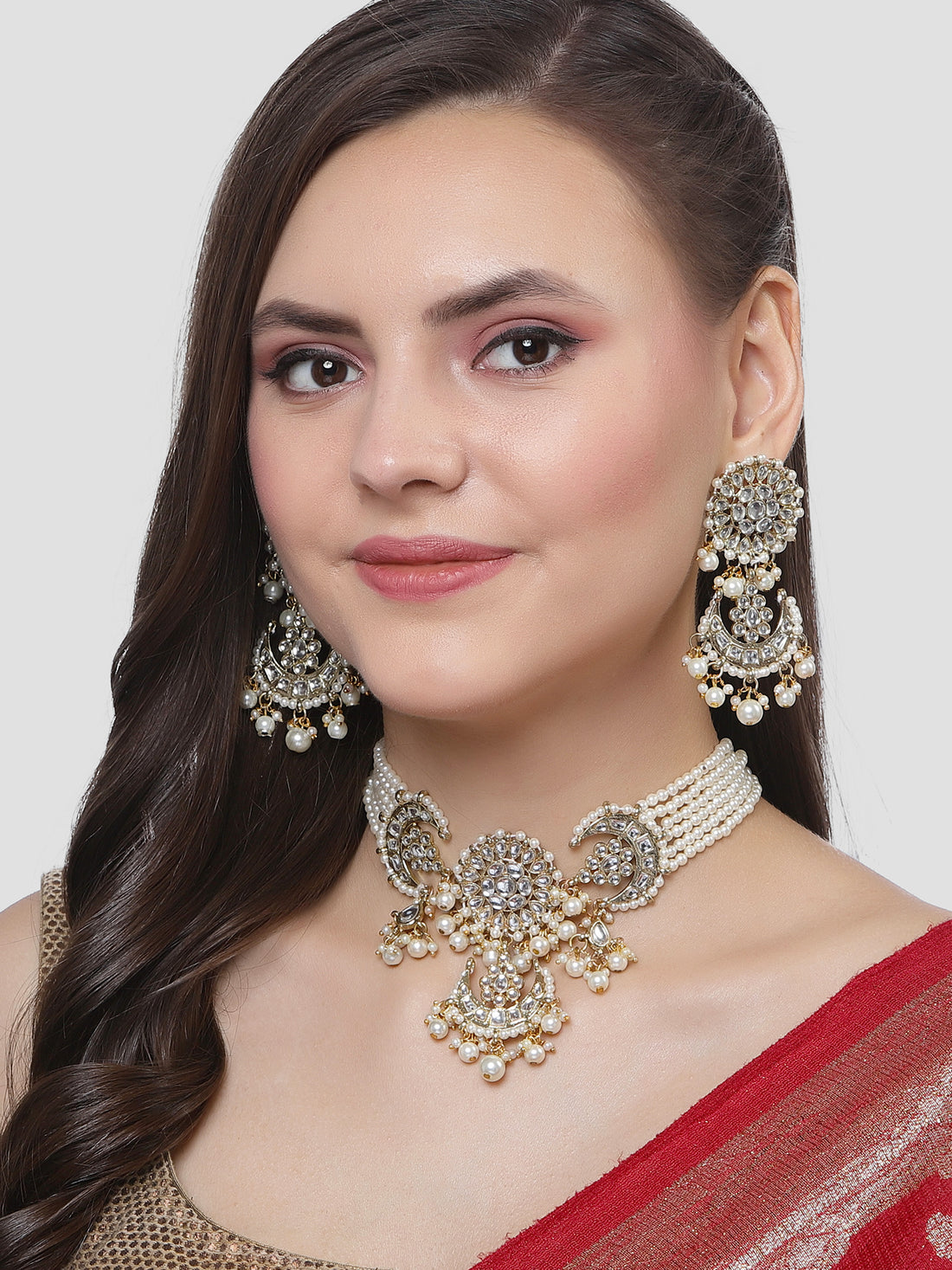 Karatcart Gold Plated Pearl Beaded Kundan Choker Necklace Set for Women