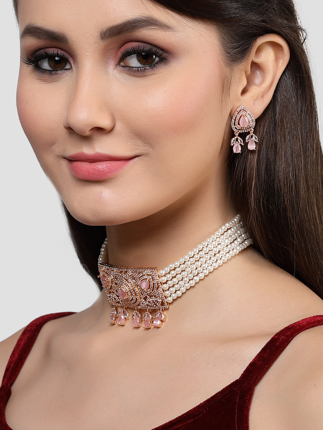 Karatcart Rose Gold Plated Pearl Beaded Cubic Zirconia Choker Necklace Set for Women