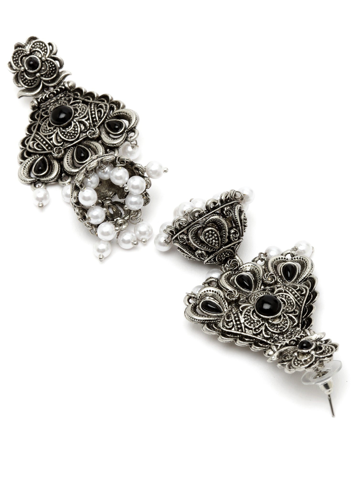 Karatcart Oxidised Silver Black Stone Studded Dangler Jhumki Earrings for Women - view 5
