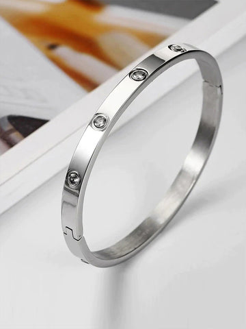 Bohey by KARATCART Silver Plated CZ Stainless Steel Kada Bracelet for Women