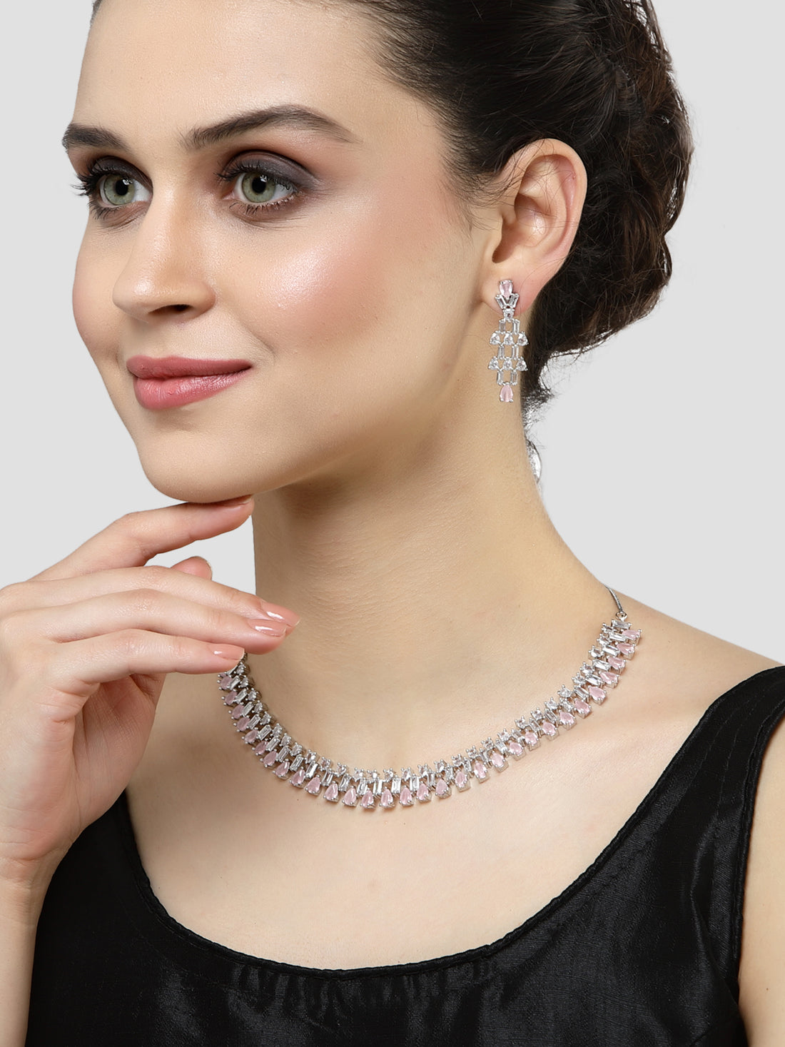 Karatcart Silver Tone Pink Cubic Zirconia Studded Necklace Set