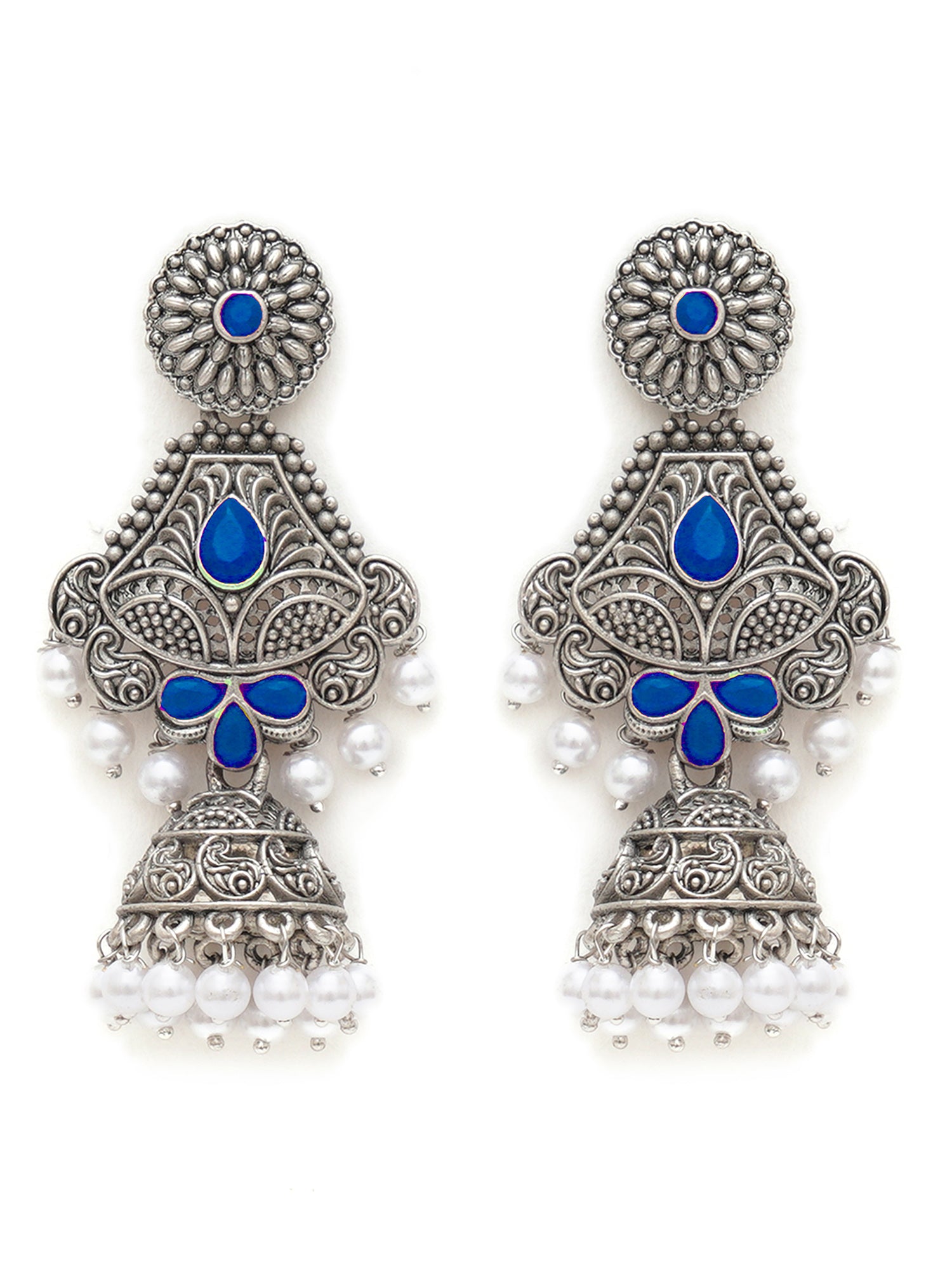 Karatcart Oxidised Silver Handcrafted Blue Long Dangler Jhumki Earrings for Women - view 3