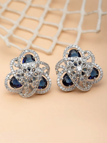 Karatcart Silver Plated Blue Cubic Zirconia Floral Design Stud Earrings for Women