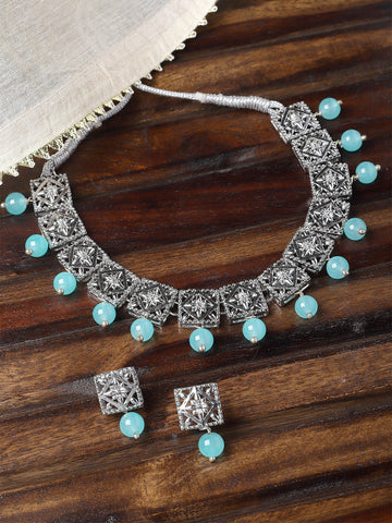 Karatcart Oxidised Silver Plated Light Blue Beads Kundan Necklace Set for Women