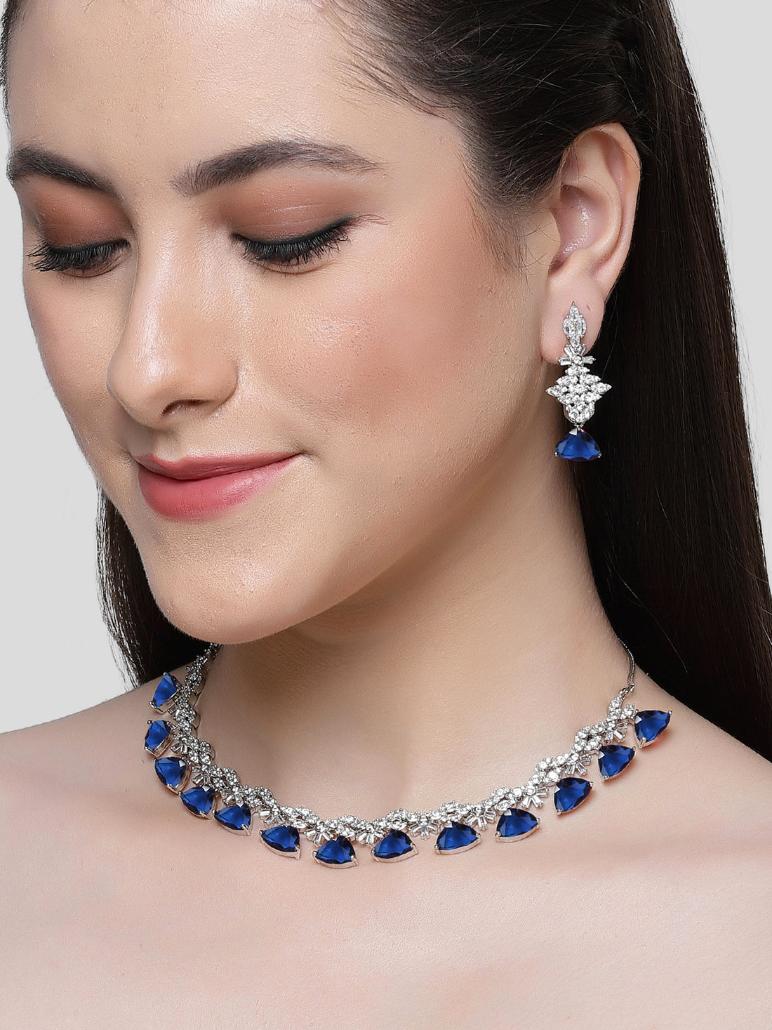 Karatcart Silver Tone Blue Triangular Shape Cubic Zirconia Necklace Set for Women