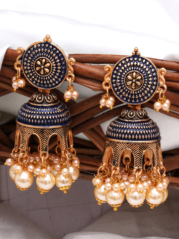 Karatcart Antique Gold Plated Navy Blue Tomb Style with Golden Pearl Jhumki Earrings for Women