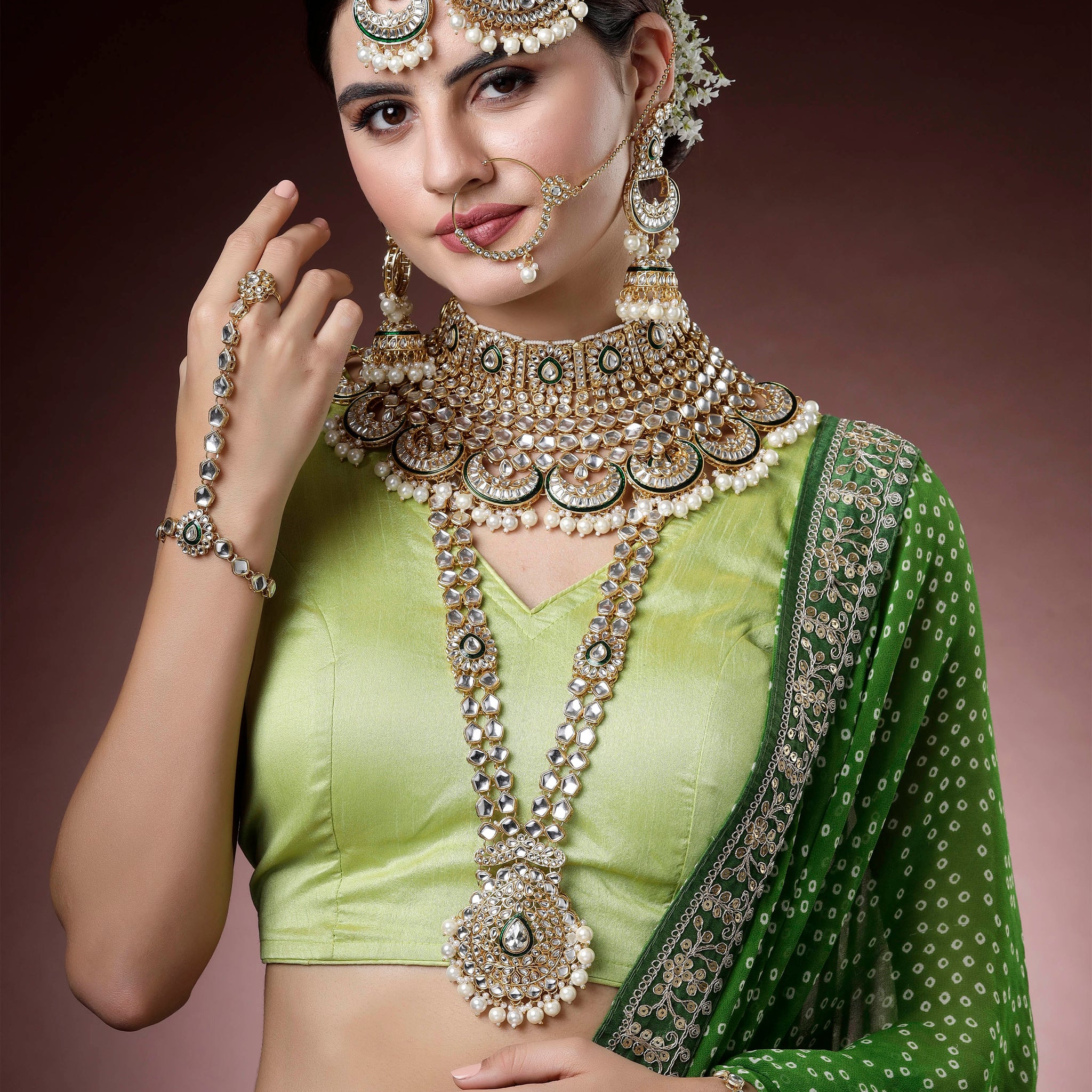 Karatcart Gold Plated Green Meena Ethnic Indian Traditional Kundan Dulhan Bridal Jewellery Set