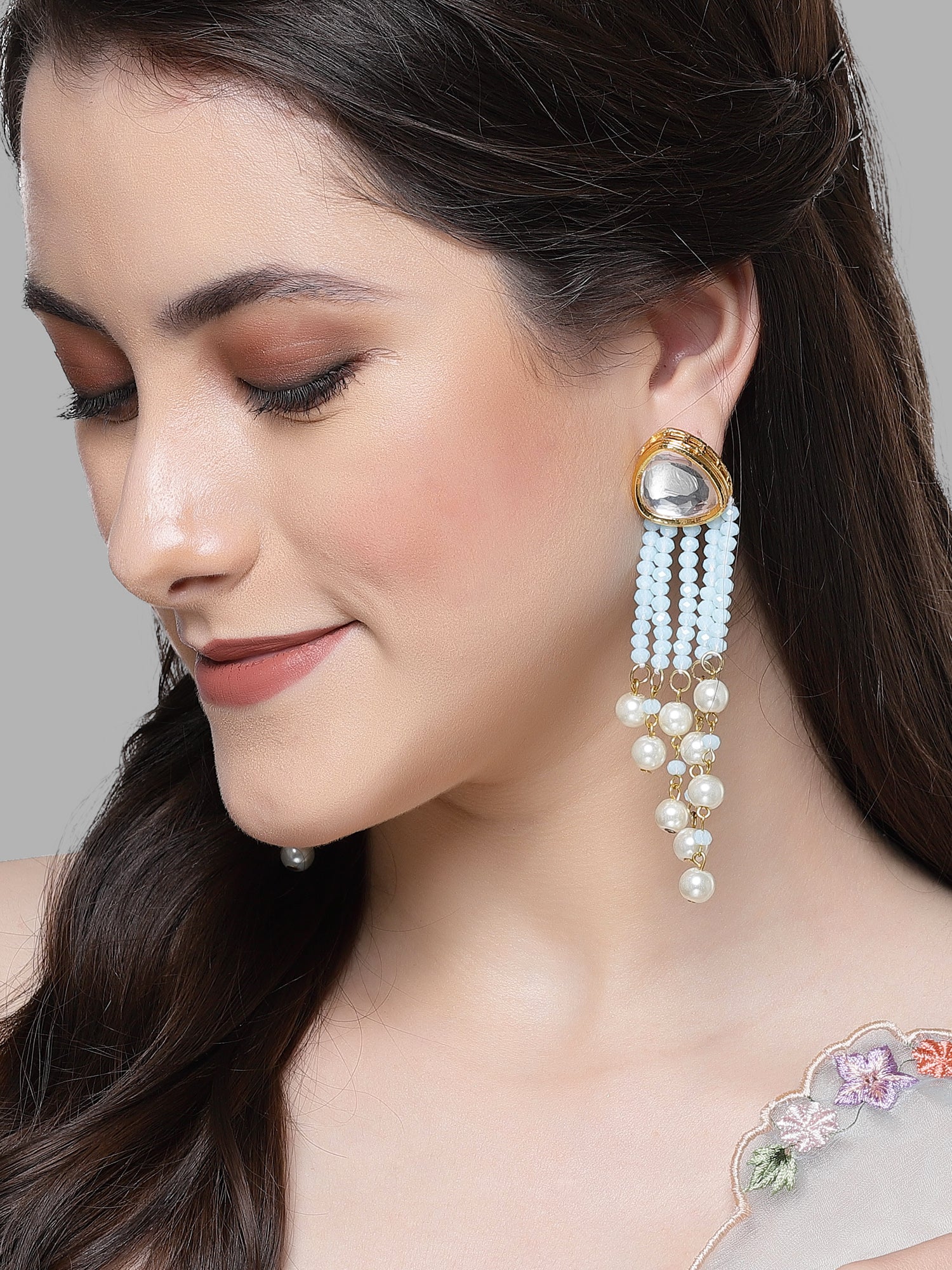 Karatcart Gold Plated Light Blue Crystal Kundan Drop Earrings for Women - view 2
