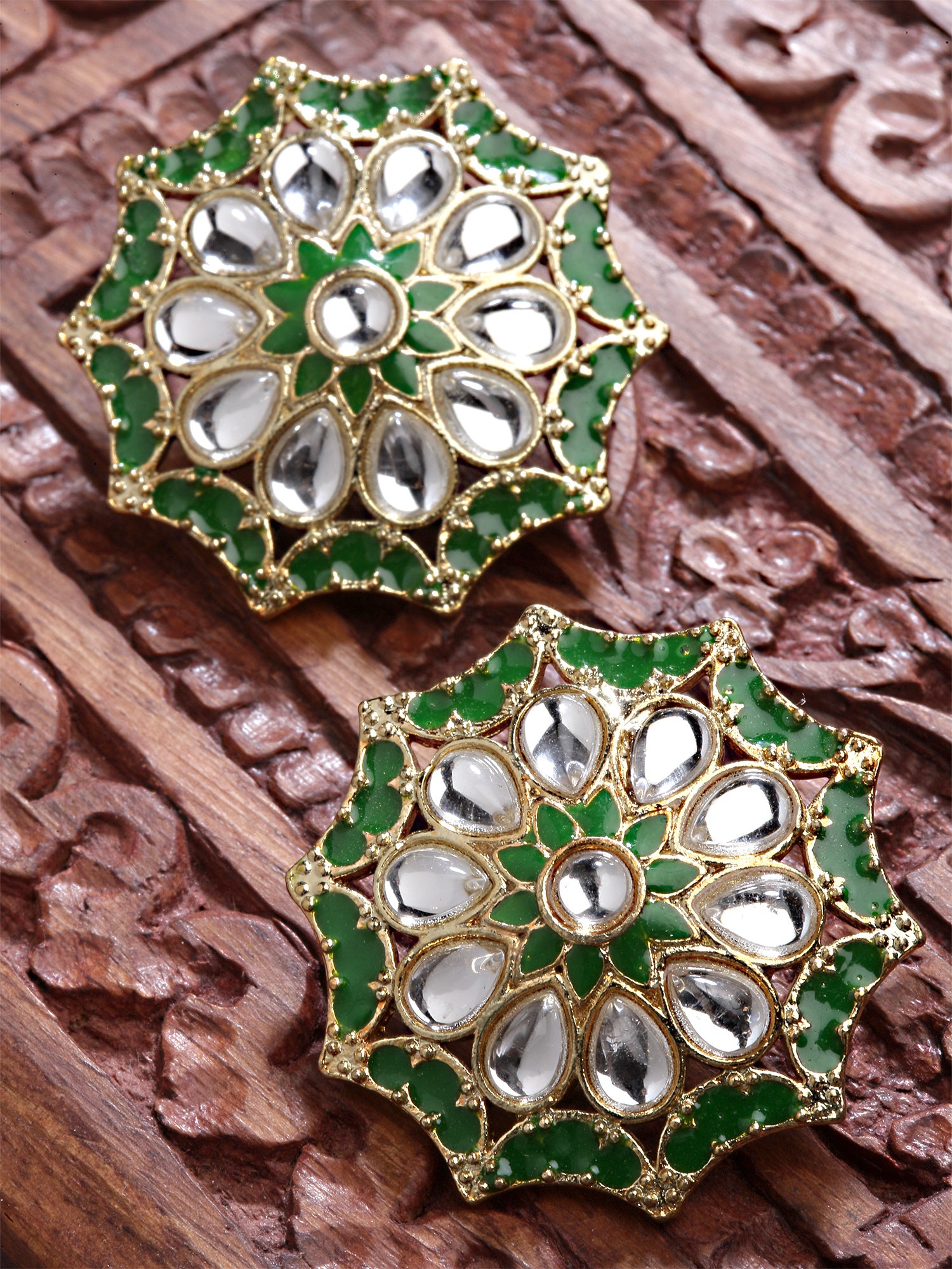 Karatcart Gold Plated Green Meena and White Kundan Stud Earrings for Women - view 3