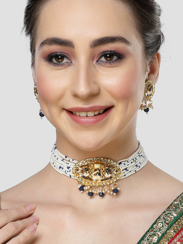 Karatcart Gold Plated Blue Dulhan Doli Design Choker Necklace Set for Women