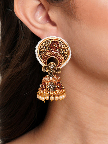 Karatcart Antique Gold Plated White Beaded Maroon Floral Jhumki Earrings for Women