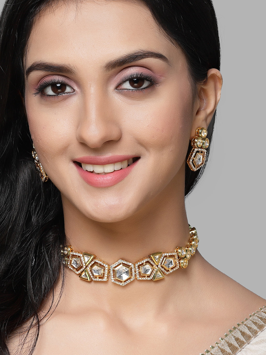 Karatcart Gold Plated Polki Kundan Choker Necklace Set for Women