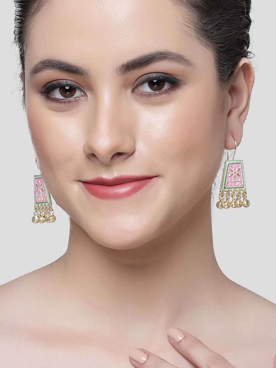 Karatcart Gold Plated Pink and Light Green Meena Drop Earring for Women