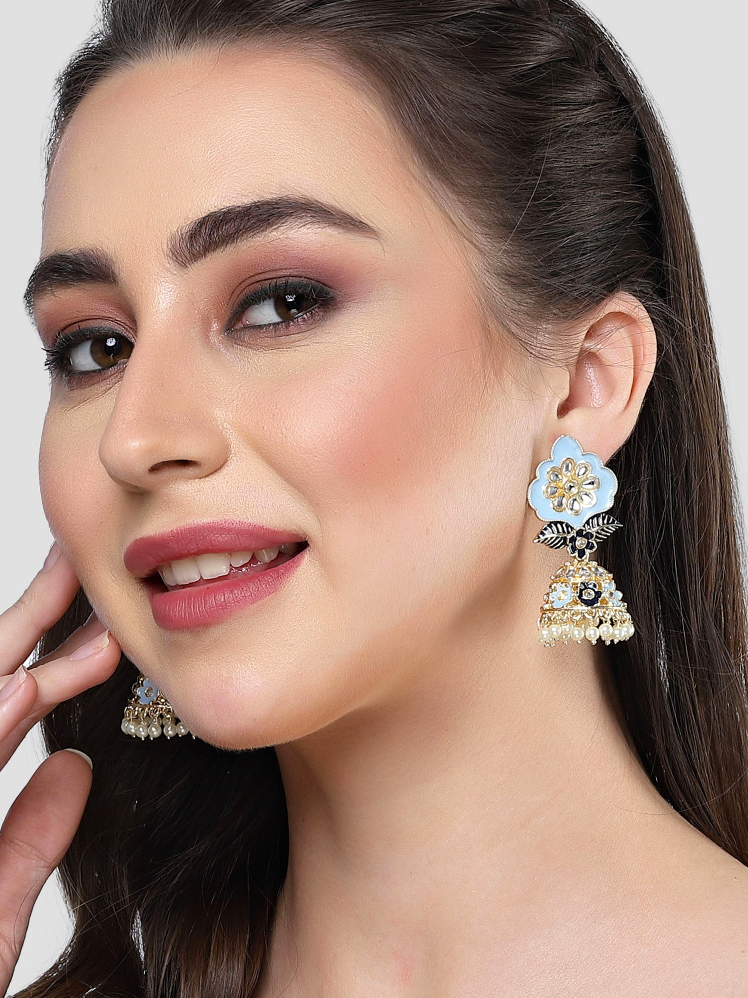 KARATCART Gold Plated Enamel Jhumki Blue Earrings For Women karatcart-gold-plated-enamel-jhumki-blue-earrings-for-women