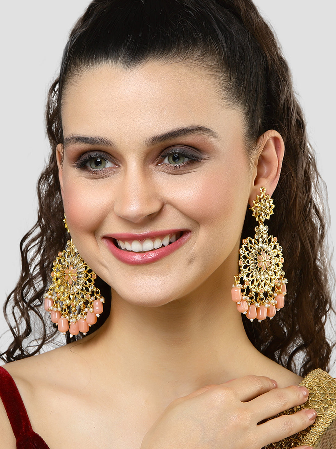 Karatcart Gold Plated Peach Tumble and Kundan Studded Dangler Earrings for Women