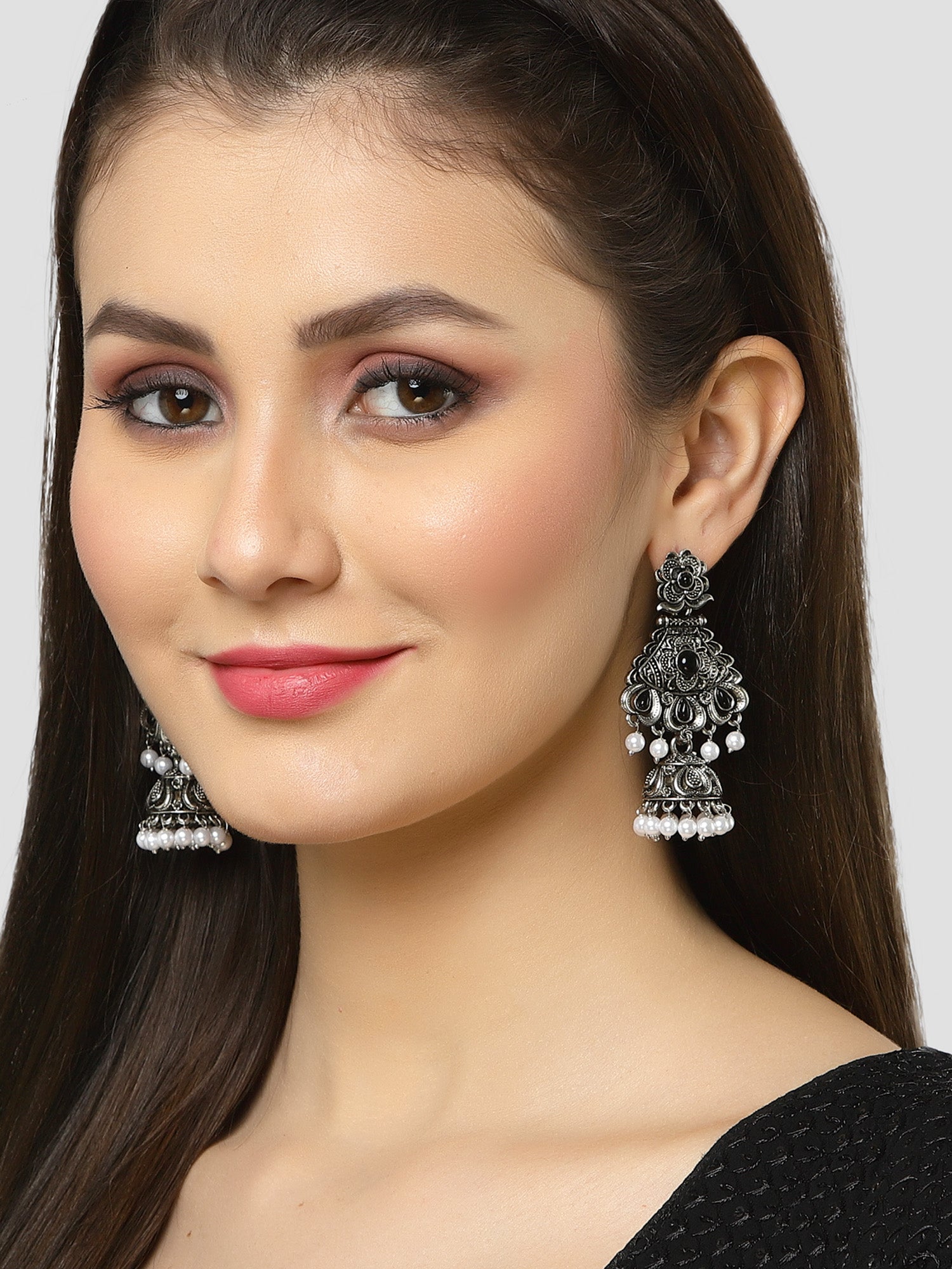 Karatcart Oxidised Silver Black Stone Studded Dangler Jhumki Earrings for Women - Image 1
