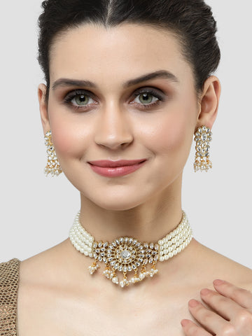 Karatcart Gold Plated Pearl Beaded Kundan Choker Necklace Set