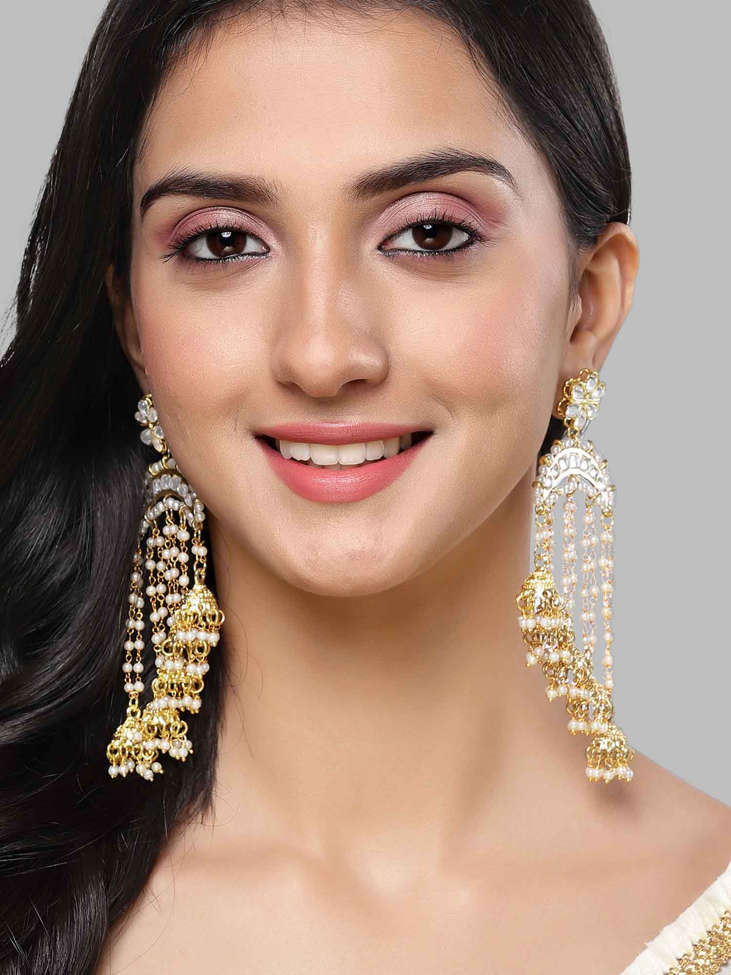 Karatcart Gold Plated Pearl chain and Jhumki Studded Kundan Drop Earring for Women - view 2