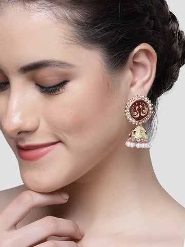 Karatcart Rose Gold Plated Peacock Design Brown and Cream Meena Jhumki Earrings for Women