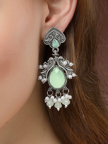 Karatcart Oxidised Silver Light Green Carved Stone Drop Earrings for Women