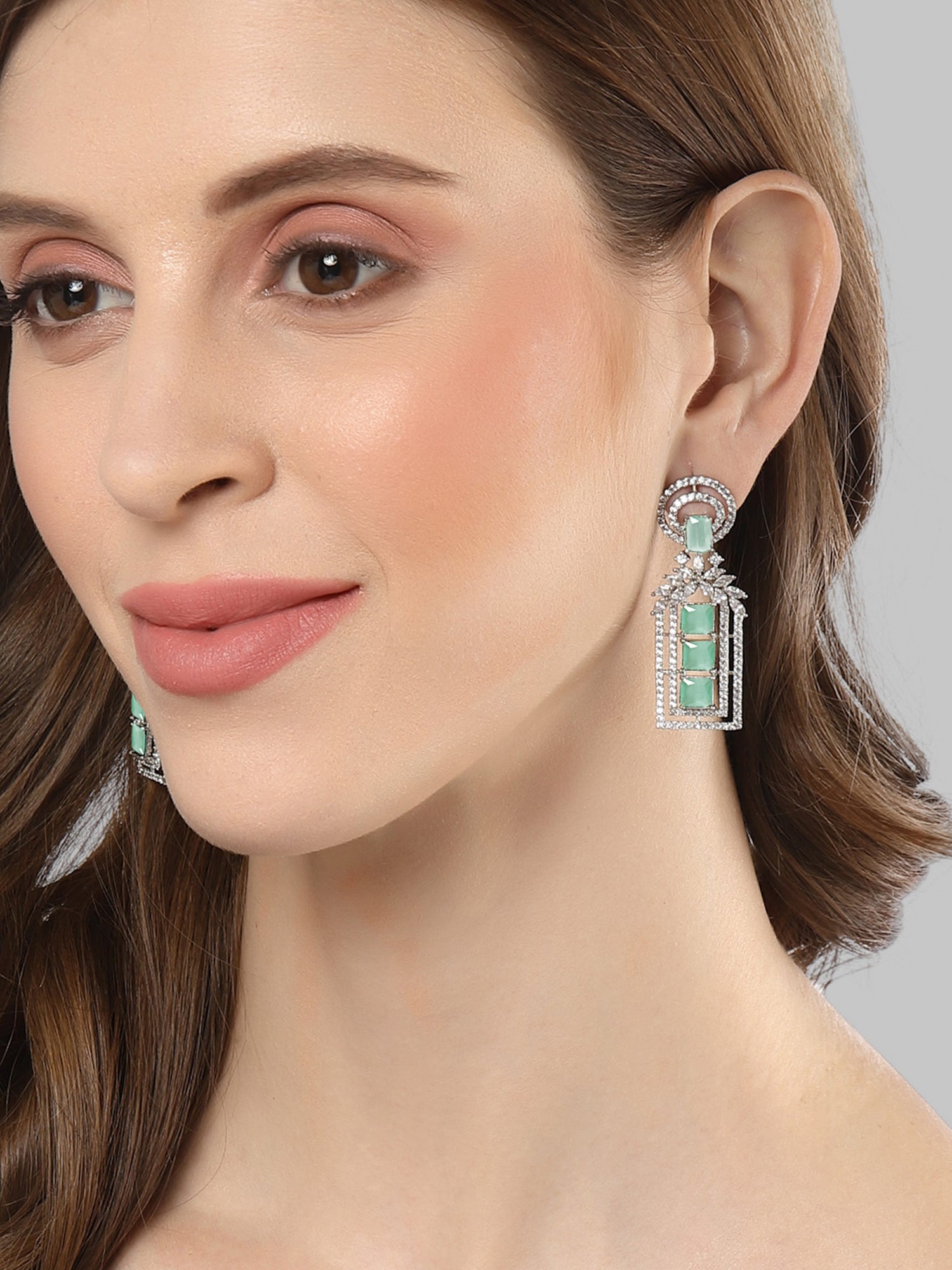 Karatcart Lime Green Cubic Zirconia Silver Tone American Diamond Drop Earrings for Women