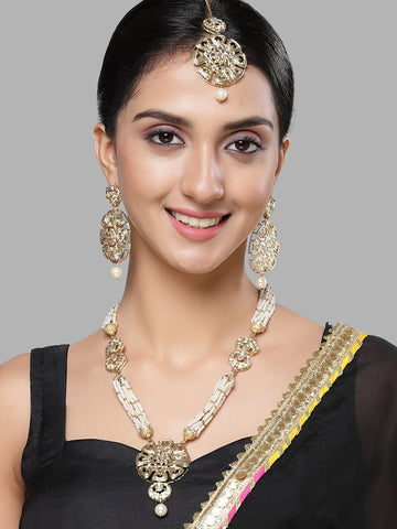 Karatcart Gold Plated Beaded Pearl and Kundan Rani Haar Necklace Set for Women