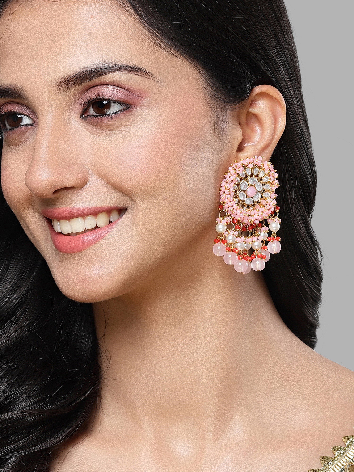Karatcart Gold-Plated Pink and Red Crystal Studded Kundan Drop Earrings for Women - Image 1
