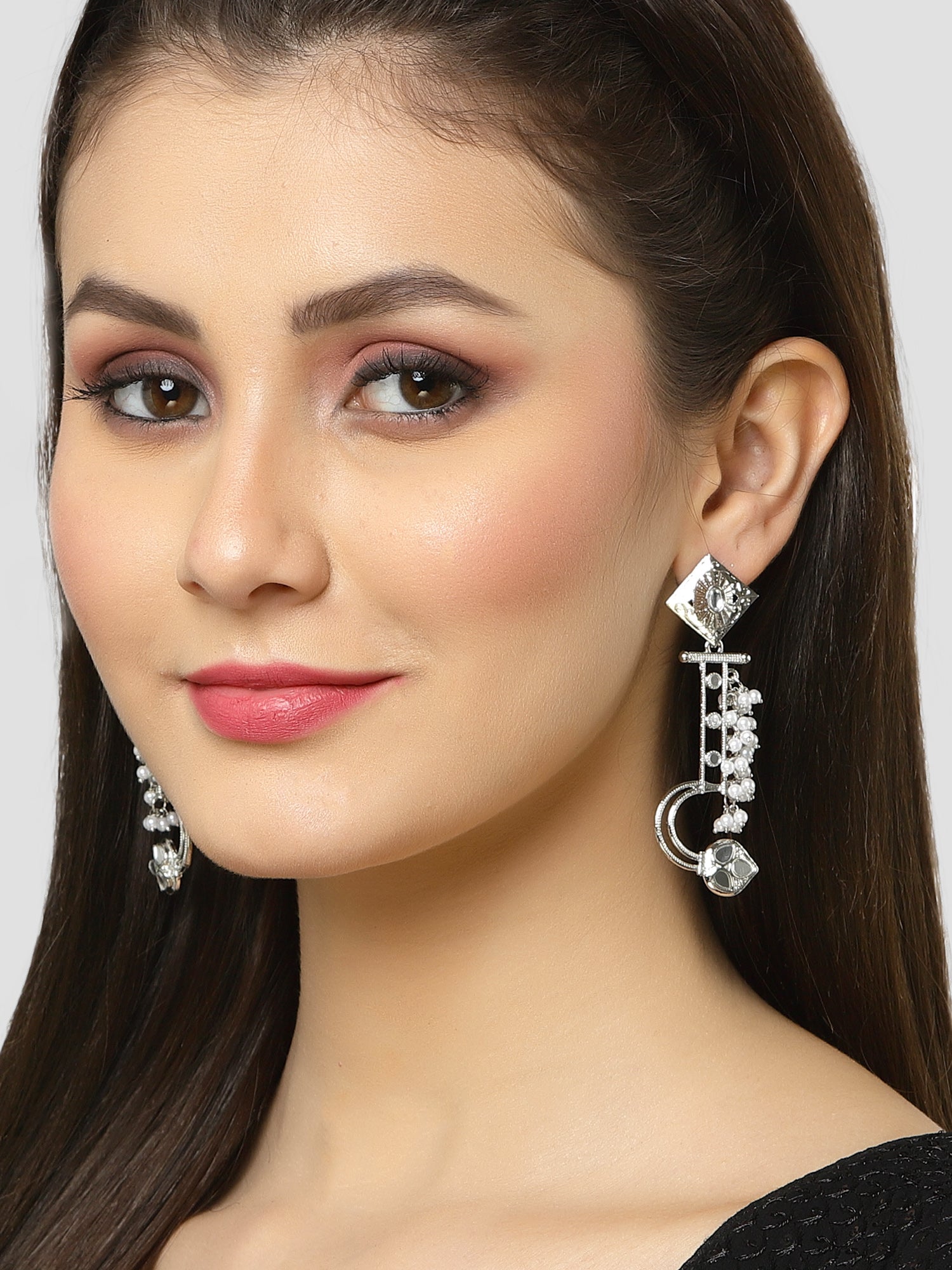 Karatcart Silver Plated Mirror Studded Pearl Dangler Earrings for Women - Image 1